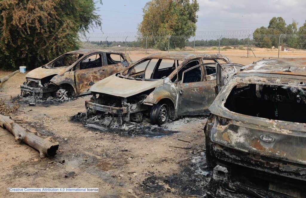 Cars burned during the October 7 invasion by Hamas fighters.